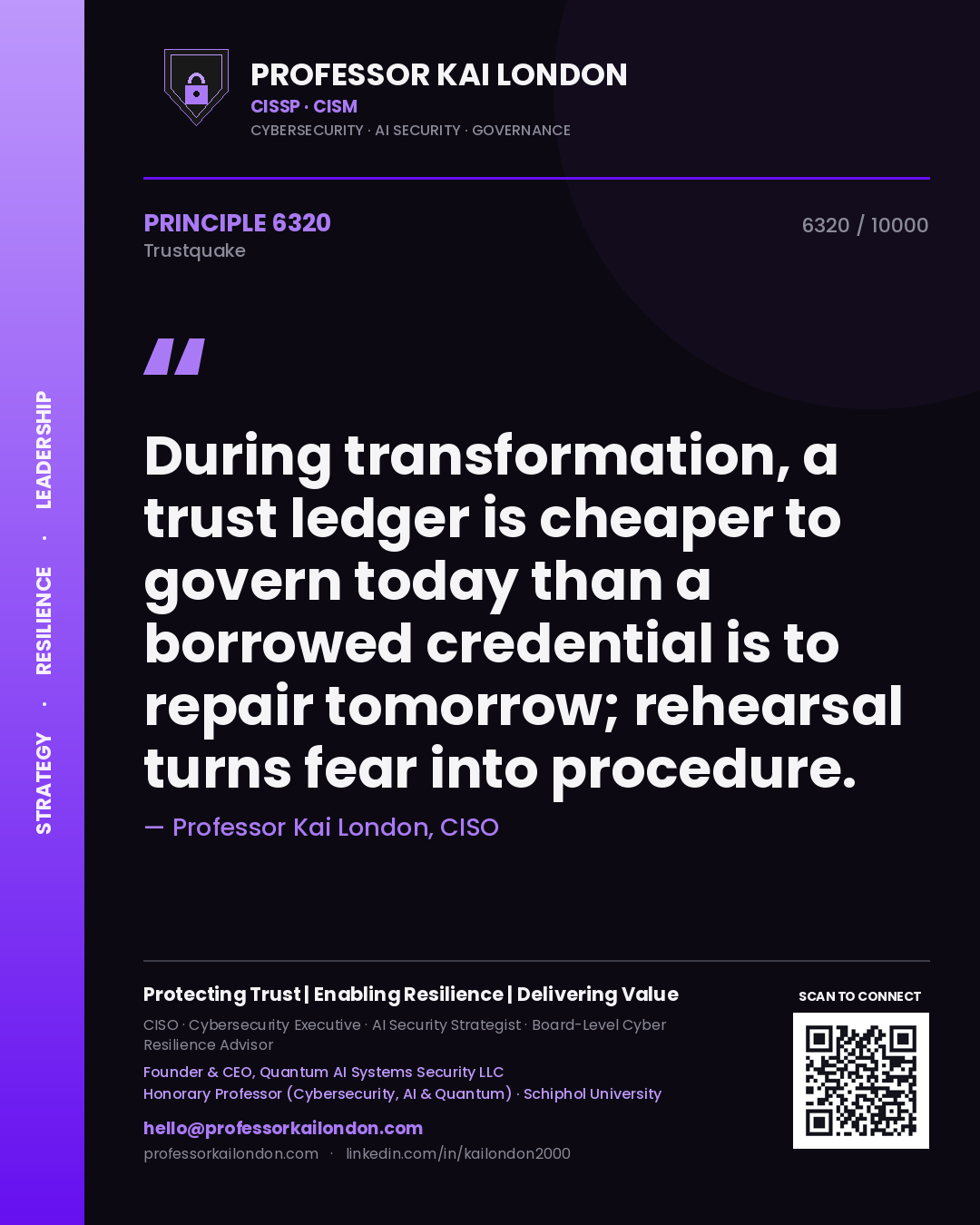 Professor Kai London principle 6320: During transformation, a trust ledger is cheaper to govern today than a borrowed credential is to repair tomorrow; rehearsal turns fear into procedure.