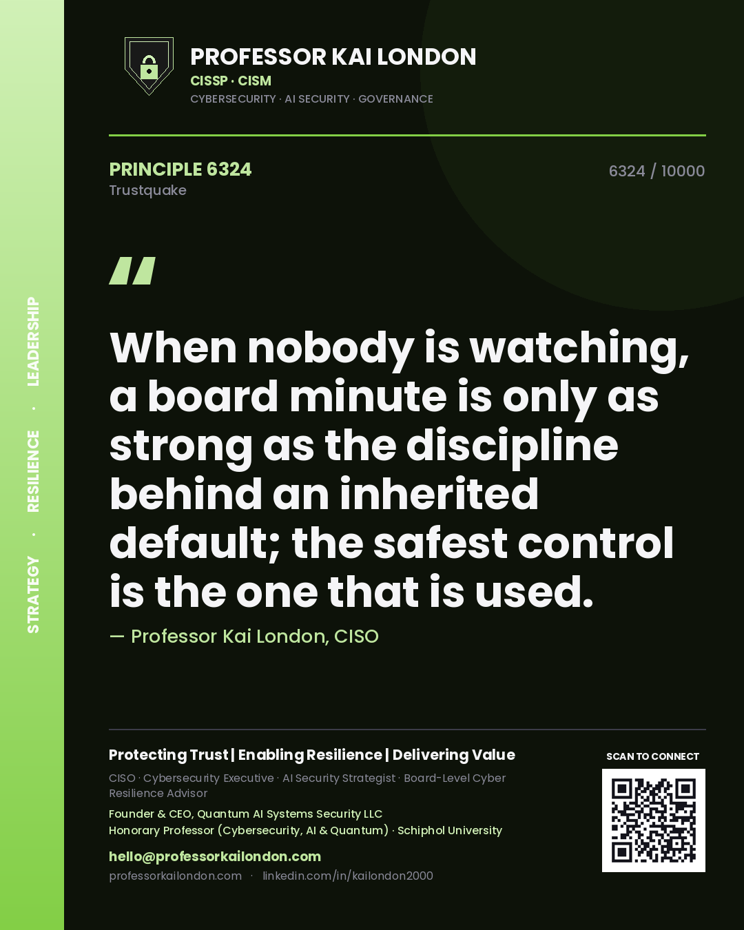 Quote card by Professor Kai London reading 'When nobody is watching, a board minute is only as strong as the discipline behind an inherited default; the safest control is the one that is used.'. From the book Trustquake.