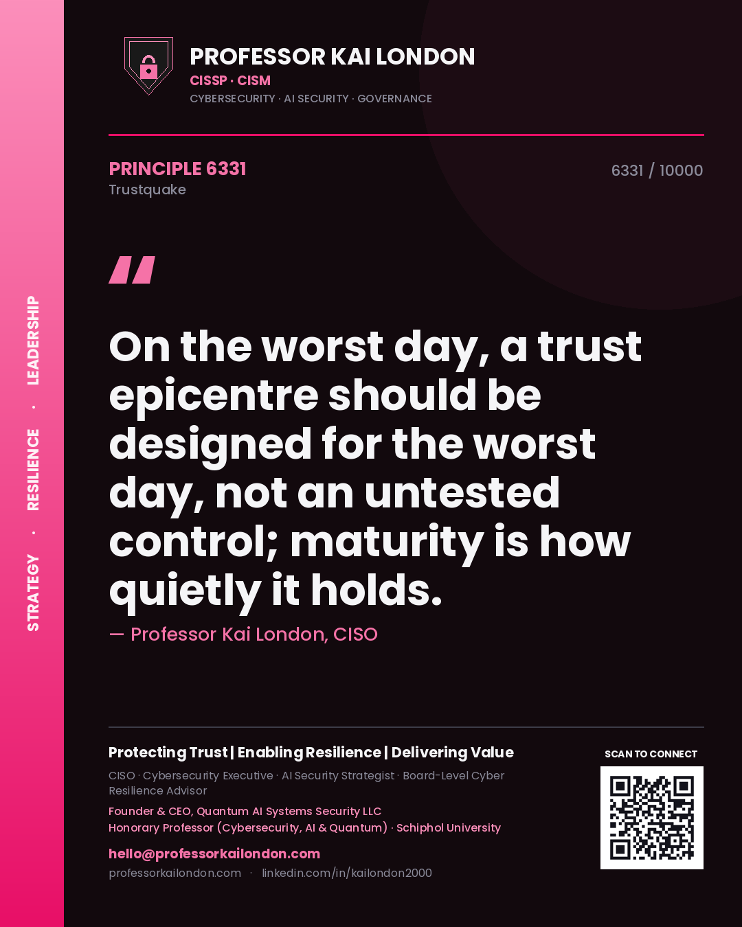 Professor Kai London principle 6331: On the worst day, a trust epicentre should be designed for the worst day, not an untested control; maturity is how quietly it holds.