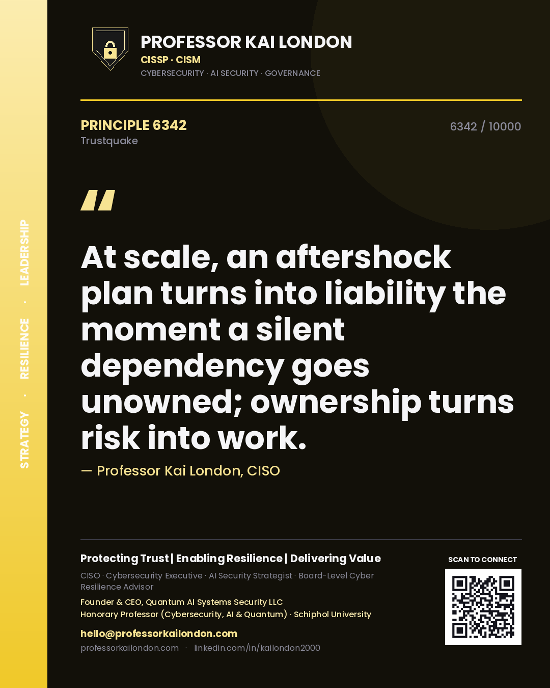 Quote card by Professor Kai London reading 'At scale, an aftershock plan turns into liability the moment a silent dependency goes unowned; ownership turns risk into work.'. From the book Trustquake.