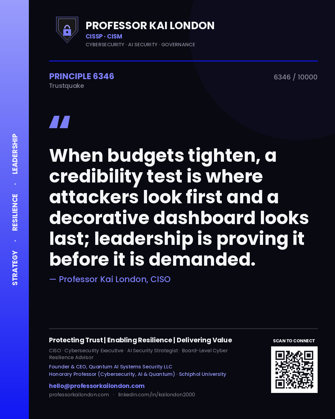 Quote card by Professor Kai London reading 'When budgets tighten, a credibility test is where attackers look first and a decorative dashboard looks last; leadership is proving it before it is demanded.'. From the book Trustquake.