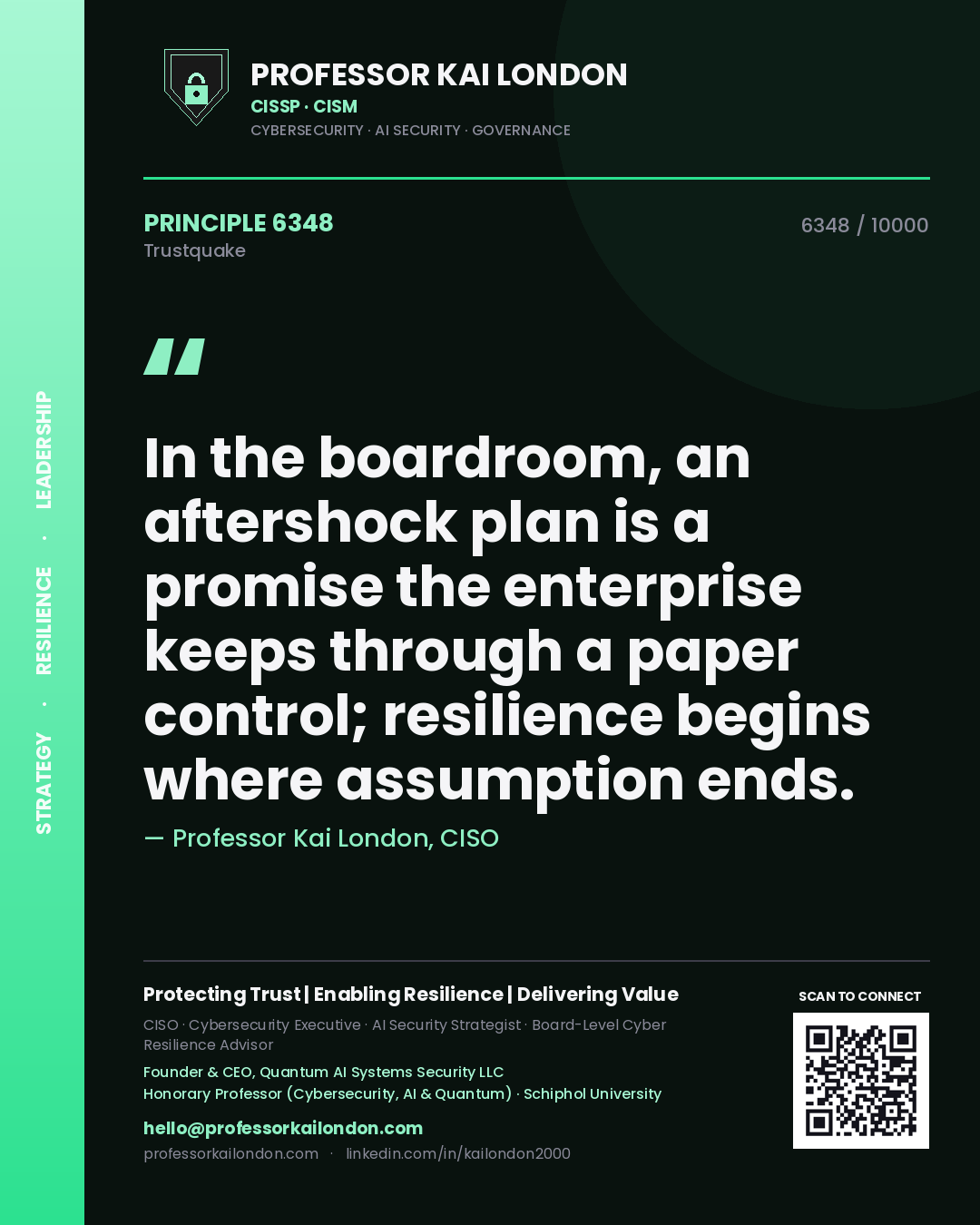 Professor Kai London principle 6348: In the boardroom, an aftershock plan is a promise the enterprise keeps through a paper control; resilience begins where assumption ends.