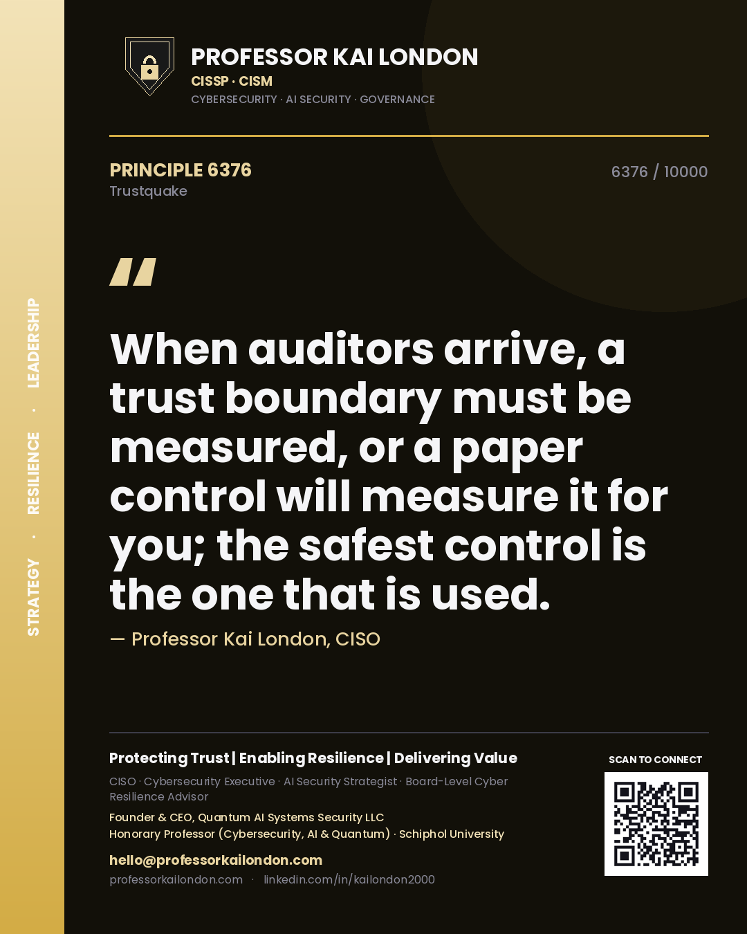 Quote card by Professor Kai London reading 'When auditors arrive, a trust boundary must be measured, or a paper control will measure it for you; the safest control is the one that is used.'. From the book Trustquake.