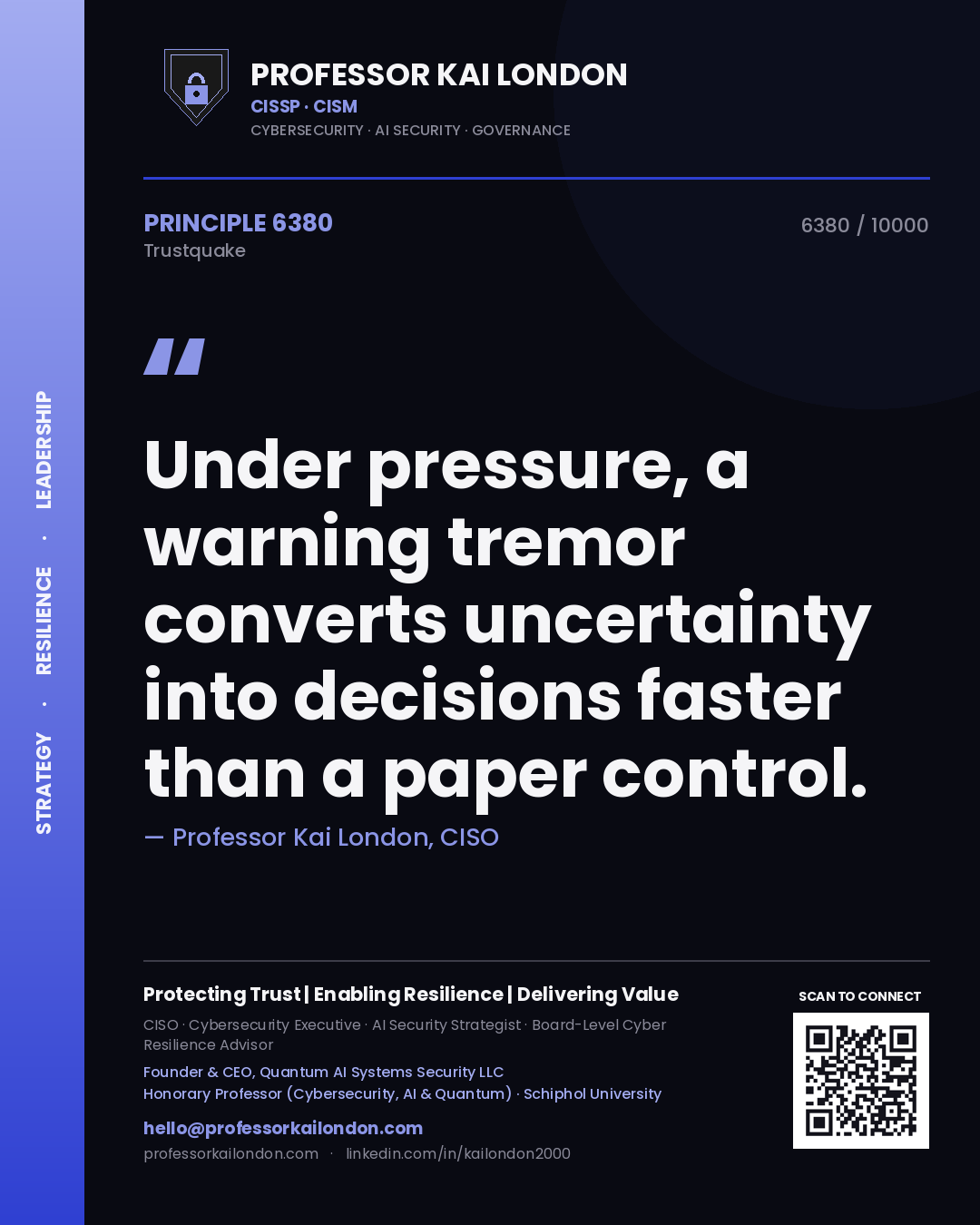 Quote card by Professor Kai London reading 'Under pressure, a warning tremor converts uncertainty into decisions faster than a paper control.'. From the book Trustquake.