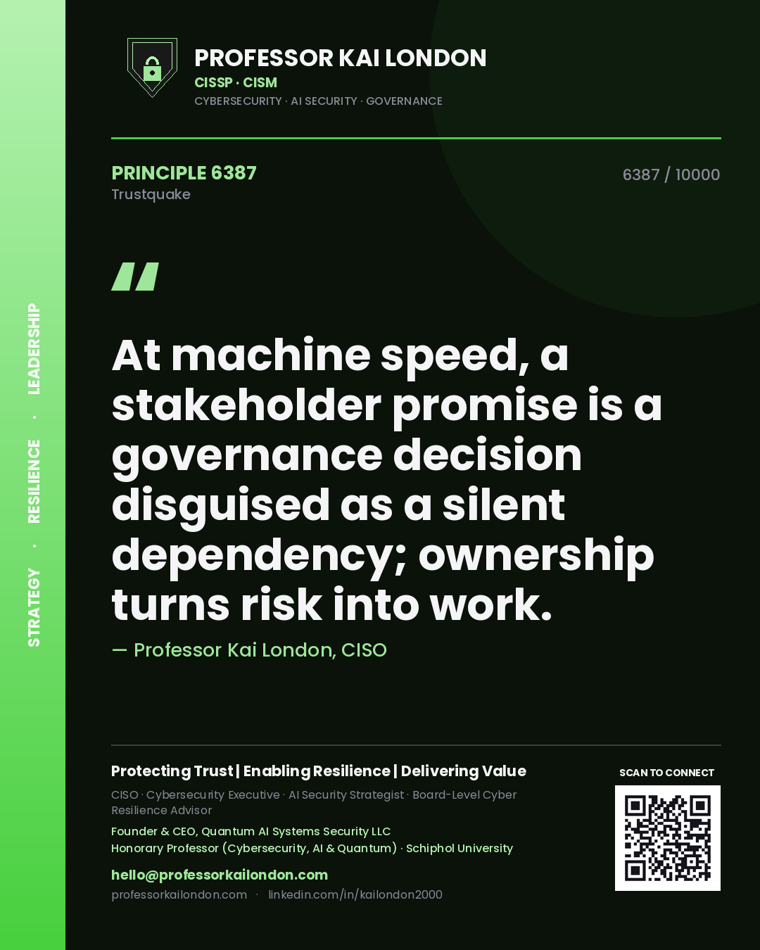 Quote card by Professor Kai London reading 'At machine speed, a stakeholder promise is a governance decision disguised as a silent dependency; ownership turns risk into work.'. From the book Trustquake.