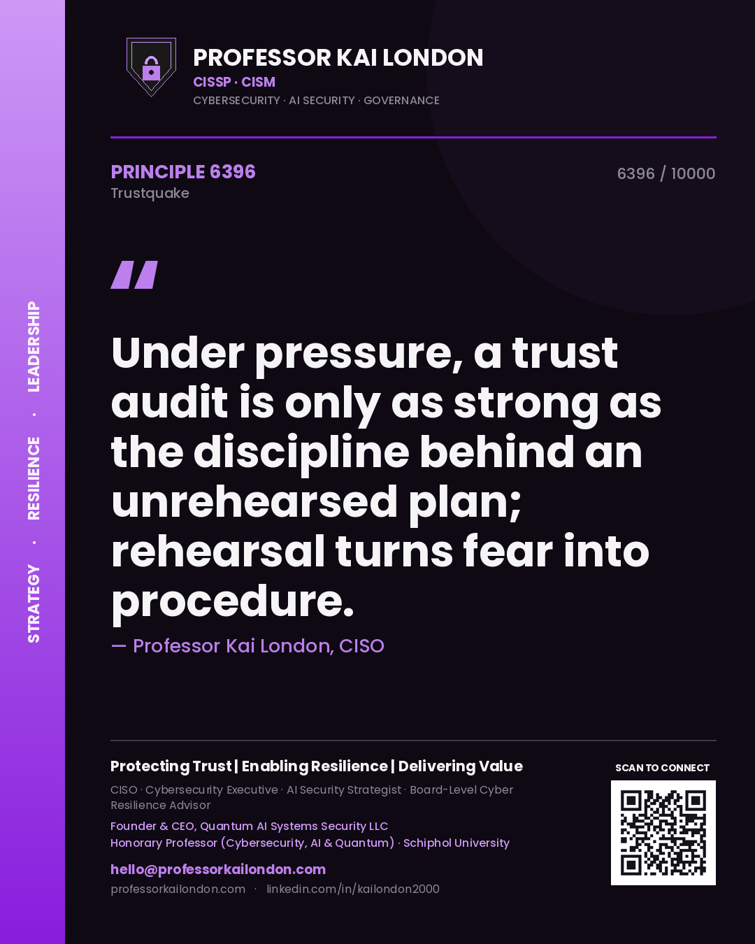 Professor Kai London principle 6396: Under pressure, a trust audit is only as strong as the discipline behind an unrehearsed plan; rehearsal turns fear into procedure.
