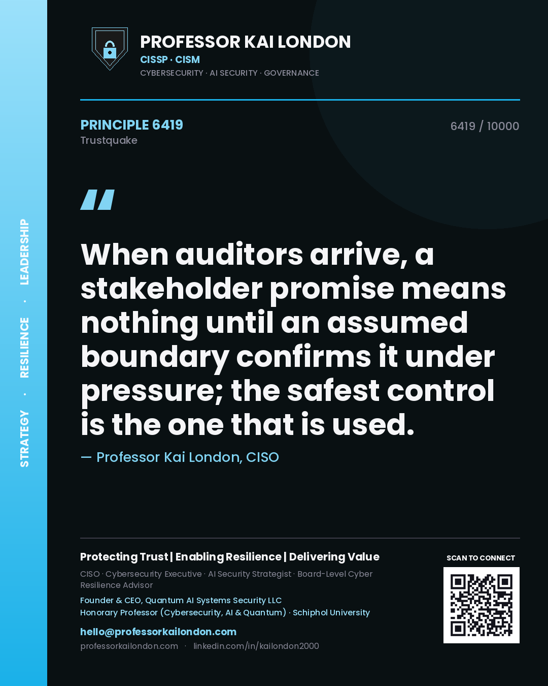 Quote card by Professor Kai London reading 'When auditors arrive, a stakeholder promise means nothing until an assumed boundary confirms it under pressure; the safest control is the one that is used.'. From the book Trustquake.
