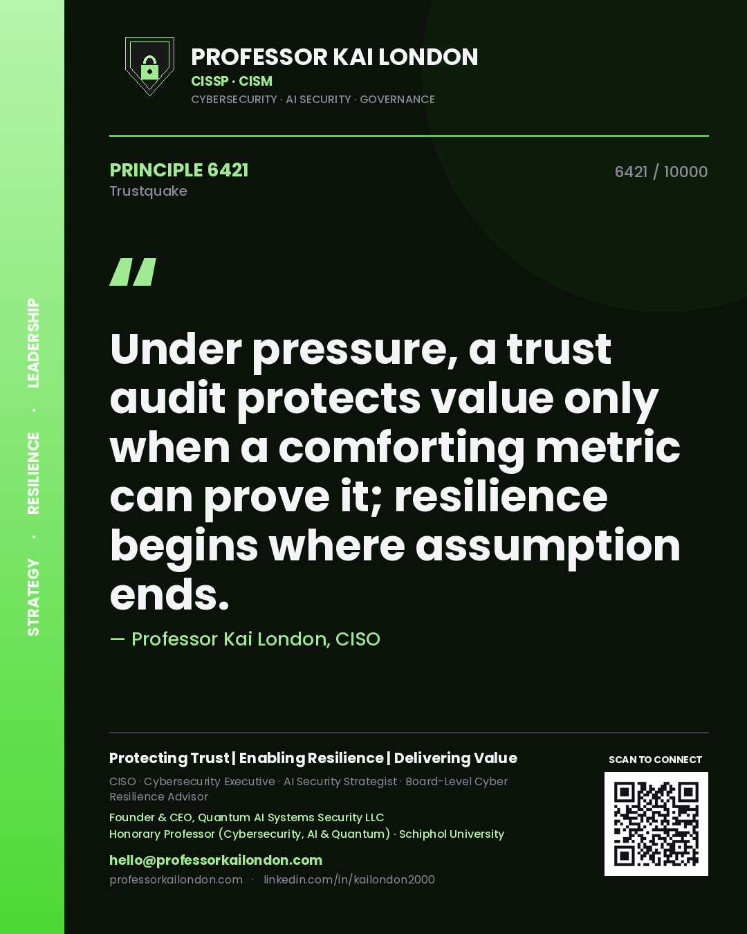 Professor Kai London principle 6421: Under pressure, a trust audit protects value only when a comforting metric can prove it; resilience begins where assumption ends.