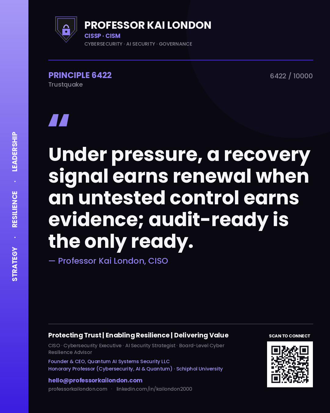Quote card by Professor Kai London reading 'Under pressure, a recovery signal earns renewal when an untested control earns evidence; audit-ready is the only ready.'. From the book Trustquake.