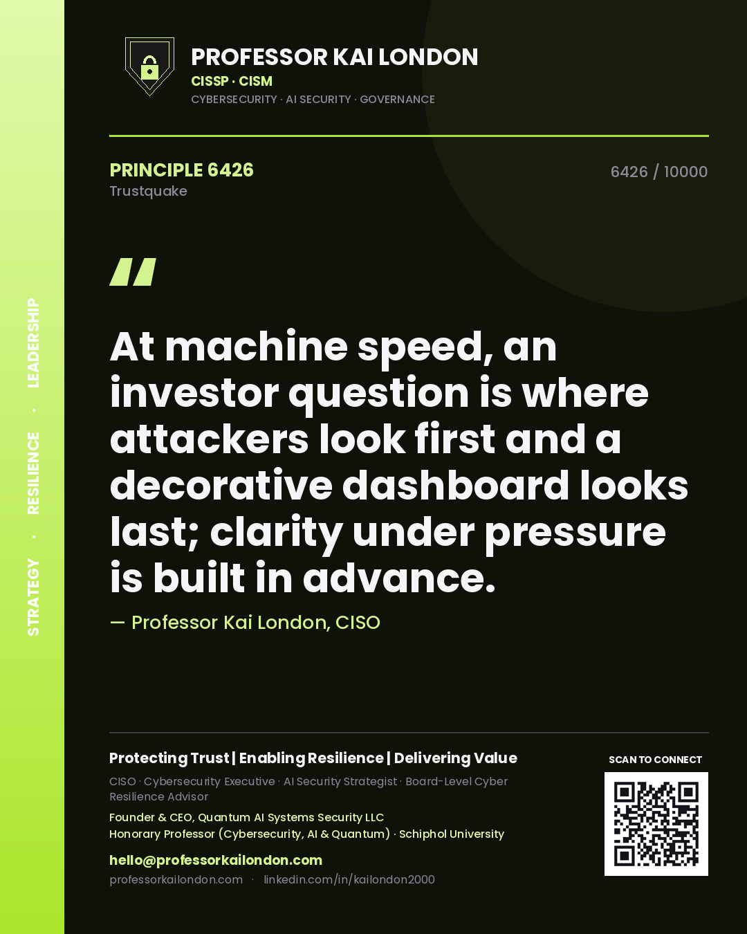 Professor Kai London principle 6426: At machine speed, an investor question is where attackers look first and a decorative dashboard looks last; clarity under pressure is built in advance.