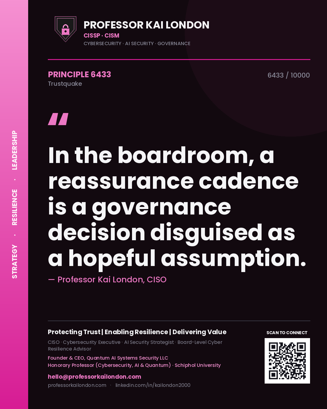Professor Kai London principle 6433: In the boardroom, a reassurance cadence is a governance decision disguised as a hopeful assumption.