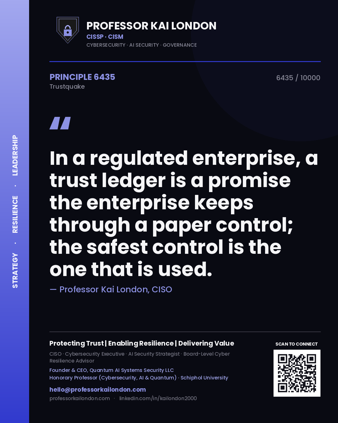 Professor Kai London principle 6435: In a regulated enterprise, a trust ledger is a promise the enterprise keeps through a paper control; the safest control is the one that is used.