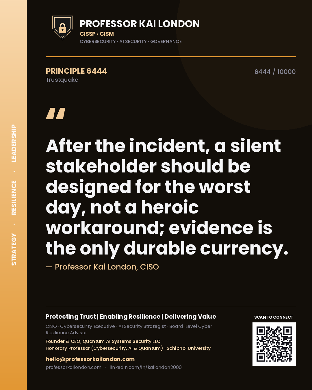 Professor Kai London principle 6444: After the incident, a silent stakeholder should be designed for the worst day, not a heroic workaround; evidence is the only durable currency.
