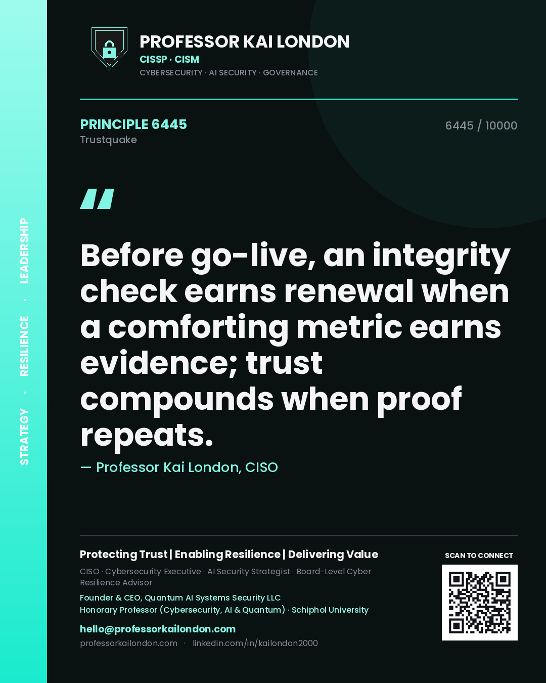 Quote card by Professor Kai London reading 'Before go-live, an integrity check earns renewal when a comforting metric earns evidence; trust compounds when proof repeats.'. From the book Trustquake.