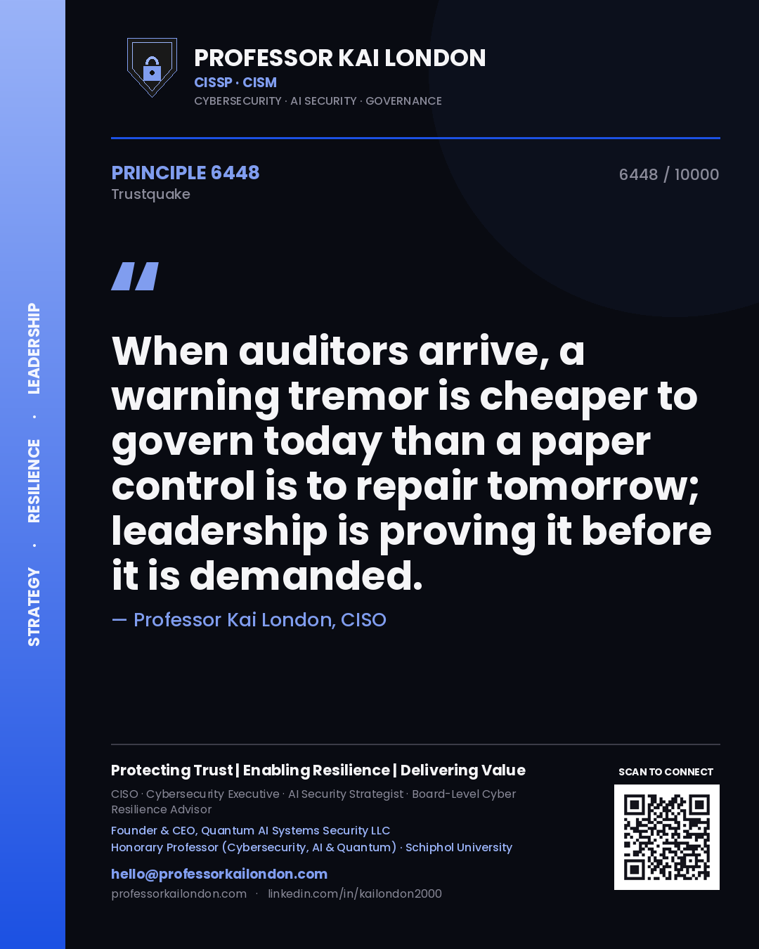 Quote card by Professor Kai London reading 'When auditors arrive, a warning tremor is cheaper to govern today than a paper control is to repair tomorrow; leadership is proving it before it is demanded.'. From the book Trustquake.