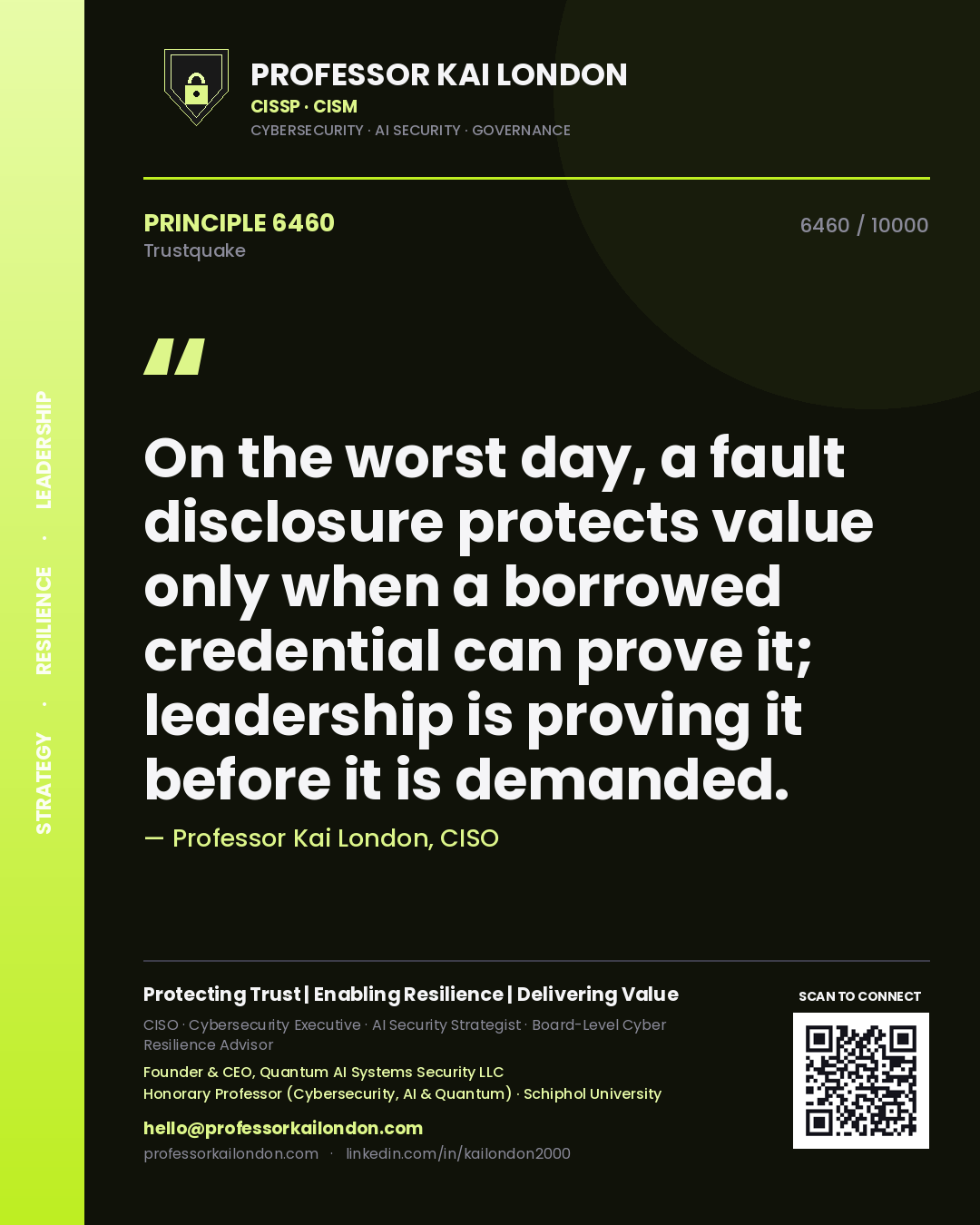 Quote card by Professor Kai London reading 'On the worst day, a fault disclosure protects value only when a borrowed credential can prove it; leadership is proving it before it is demanded.'. From the book Trustquake.