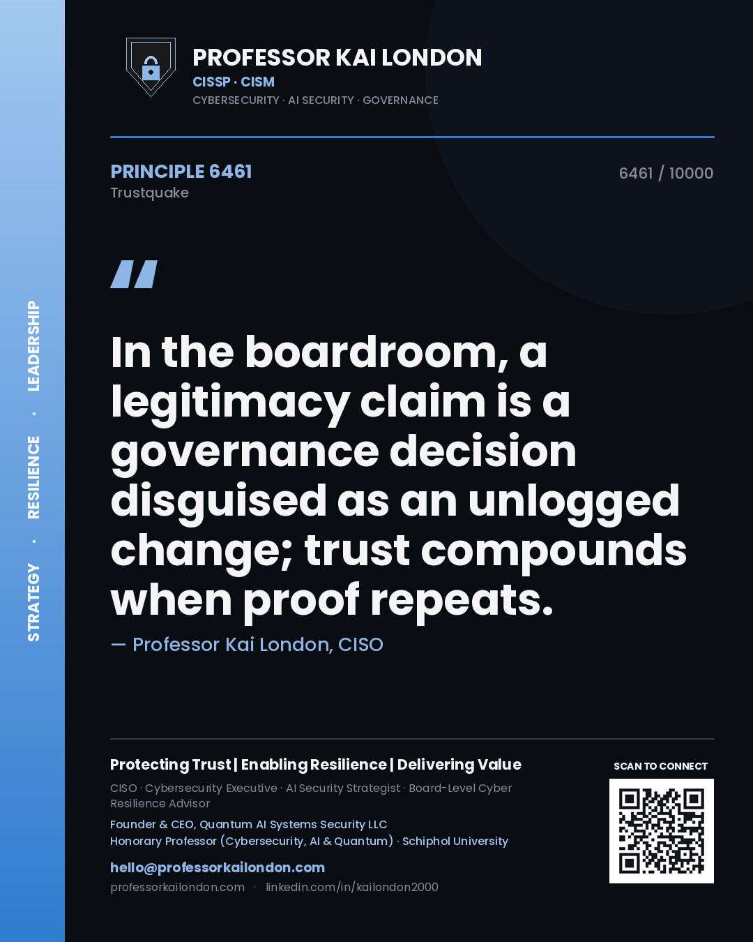Quote card by Professor Kai London reading 'In the boardroom, a legitimacy claim is a governance decision disguised as an unlogged change; trust compounds when proof repeats.'. From the book Trustquake.