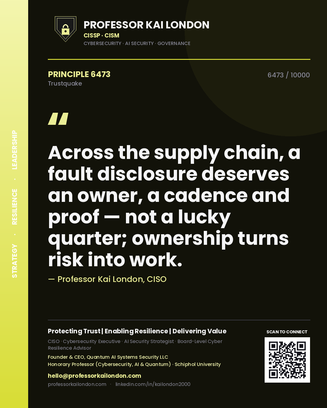 Quote card by Professor Kai London reading 'Across the supply chain, a fault disclosure deserves an owner, a cadence and proof — not a lucky quarter; ownership turns risk into work.'. From the book Trustquake.