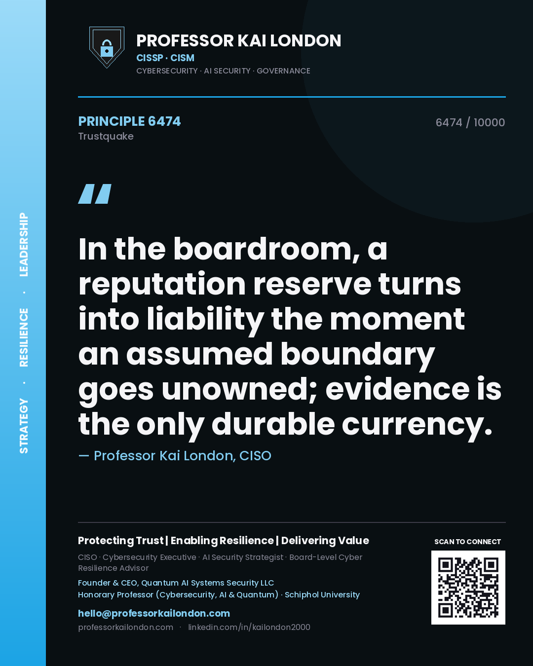 Quote card by Professor Kai London reading 'In the boardroom, a reputation reserve turns into liability the moment an assumed boundary goes unowned; evidence is the only durable currency.'. From the book Trustquake.