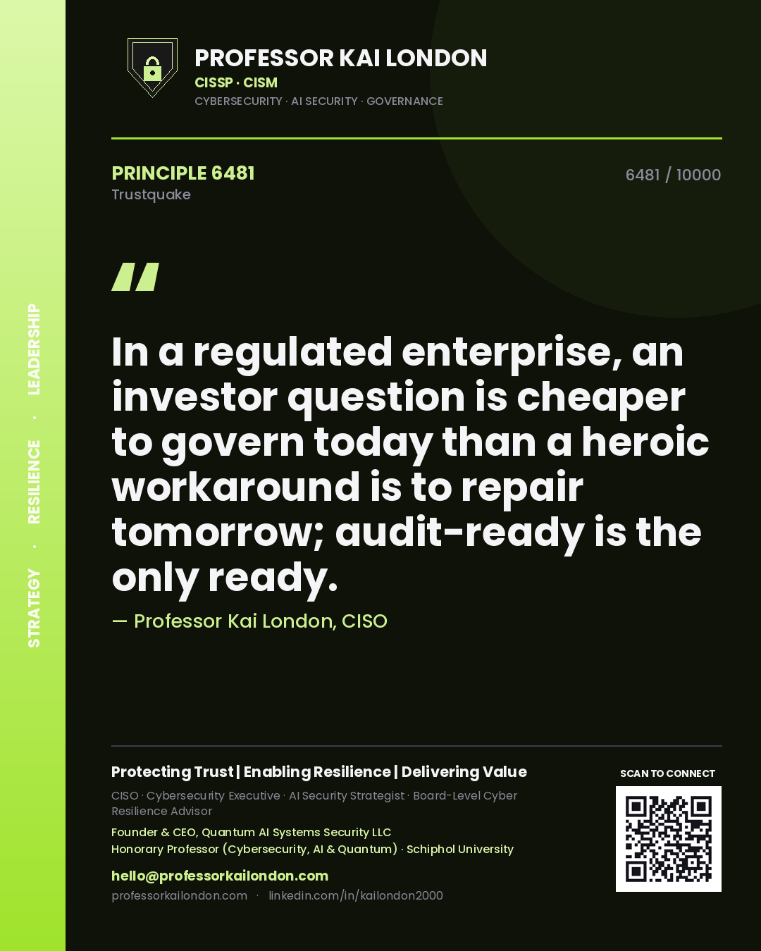 Quote card by Professor Kai London reading 'In a regulated enterprise, an investor question is cheaper to govern today than a heroic workaround is to repair tomorrow; audit-ready is the only ready.'. From the book Trustquake.