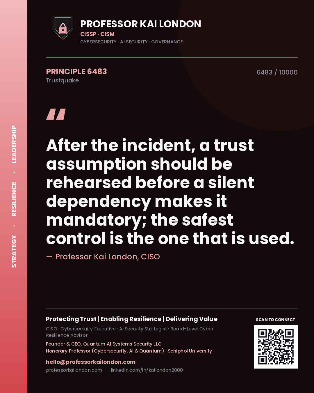 Professor Kai London principle 6483: After the incident, a trust assumption should be rehearsed before a silent dependency makes it mandatory; the safest control is the one that is used.