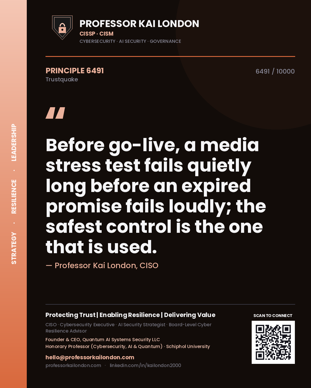 Quote card by Professor Kai London reading 'Before go-live, a media stress test fails quietly long before an expired promise fails loudly; the safest control is the one that is used.'. From the book Trustquake.