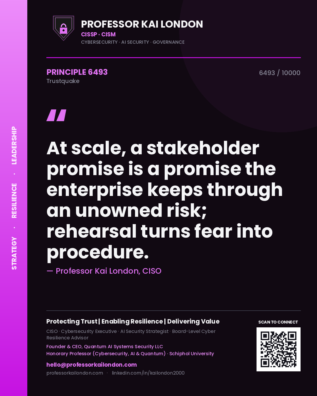 Quote card by Professor Kai London reading 'At scale, a stakeholder promise is a promise the enterprise keeps through an unowned risk; rehearsal turns fear into procedure.'. From the book Trustquake.