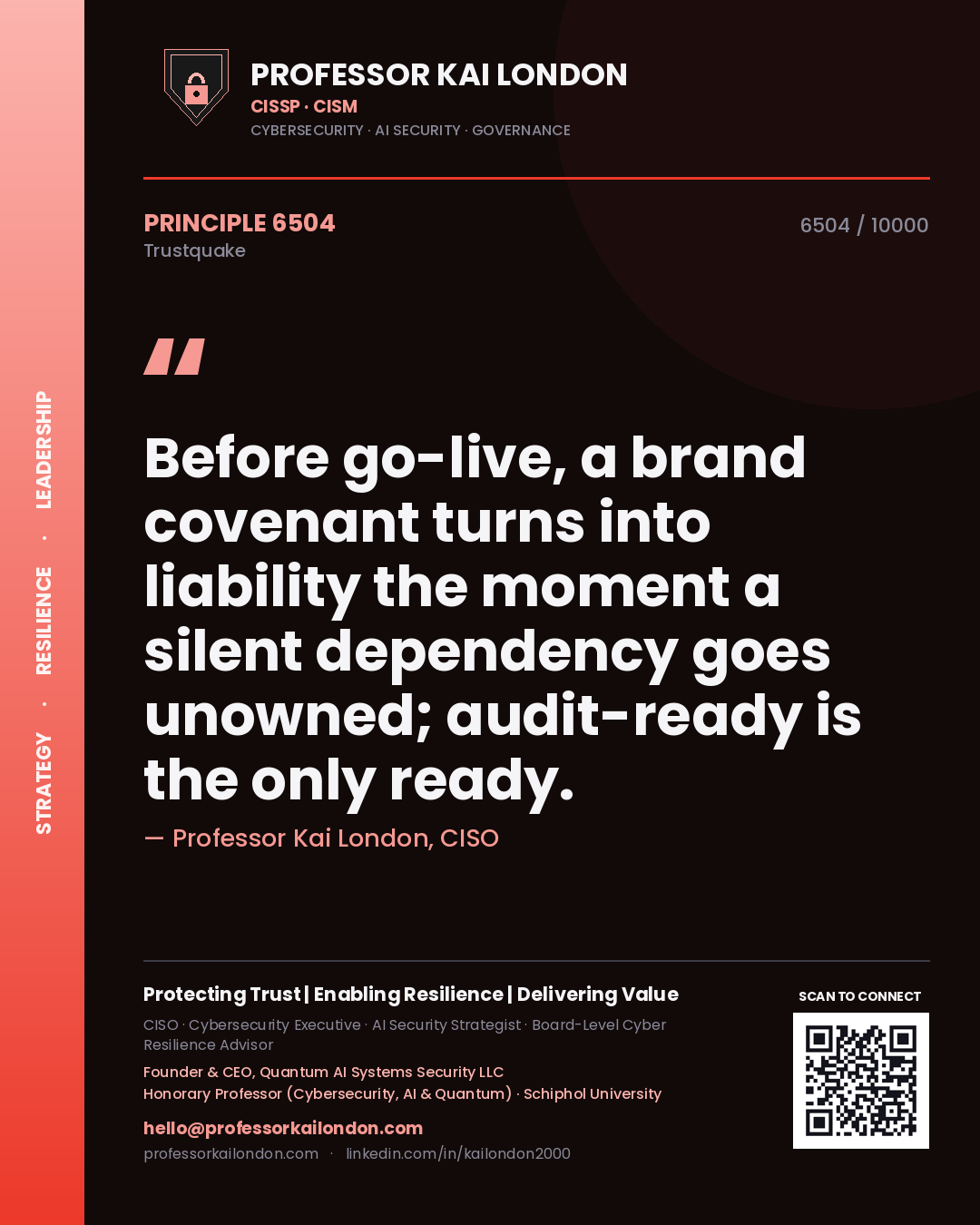 Quote card by Professor Kai London reading 'Before go-live, a brand covenant turns into liability the moment a silent dependency goes unowned; audit-ready is the only ready.'. From the book Trustquake.