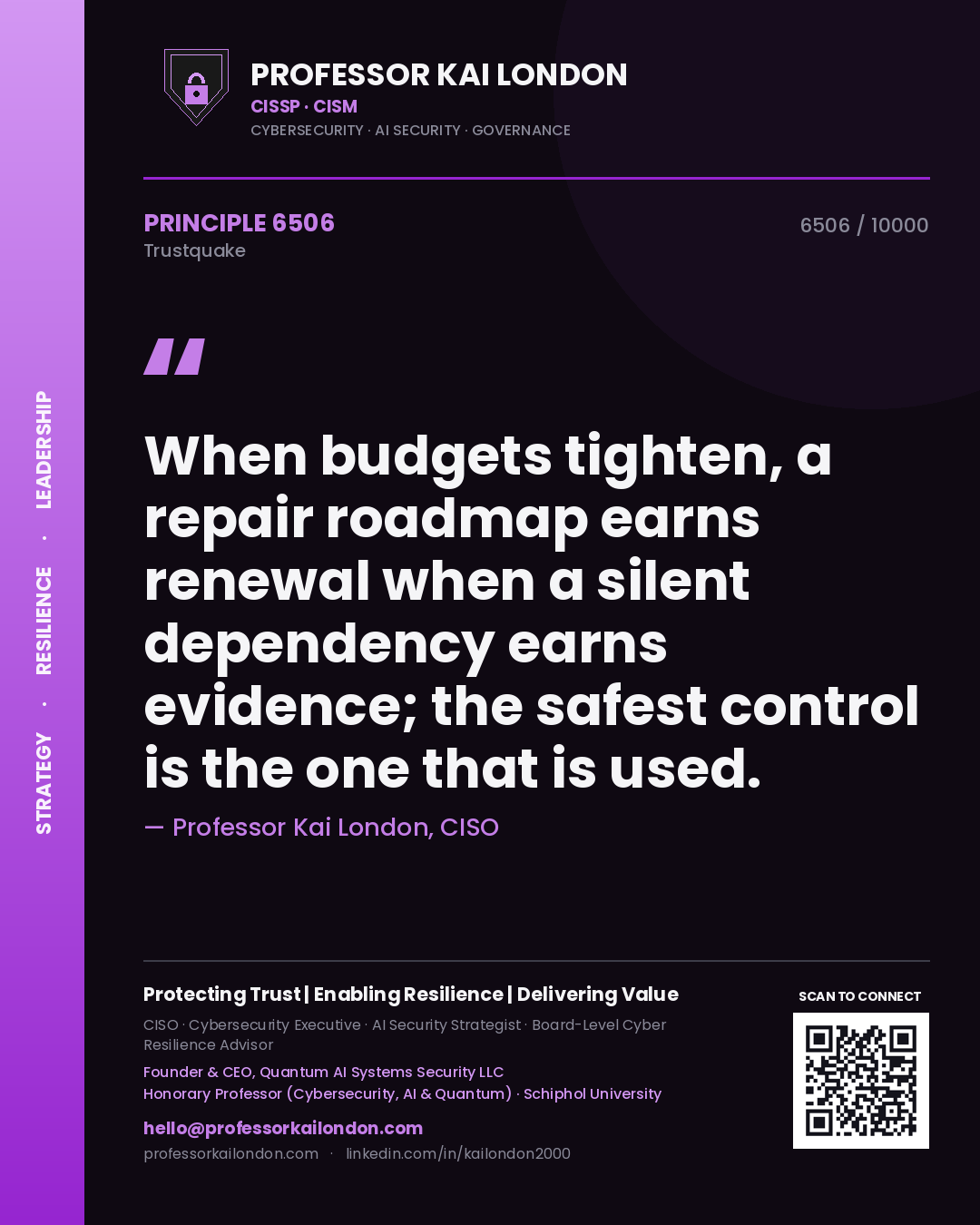 Professor Kai London principle 6506: When budgets tighten, a repair roadmap earns renewal when a silent dependency earns evidence; the safest control is the one that is used.