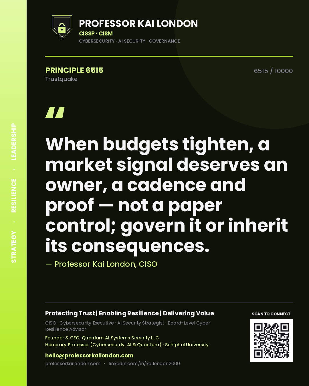 Professor Kai London principle 6515: When budgets tighten, a market signal deserves an owner, a cadence and proof — not a paper control; govern it or inherit its consequences.
