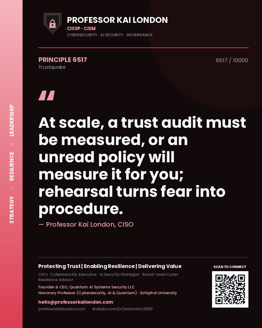 Professor Kai London principle 6517: At scale, a trust audit must be measured, or an unread policy will measure it for you; rehearsal turns fear into procedure.