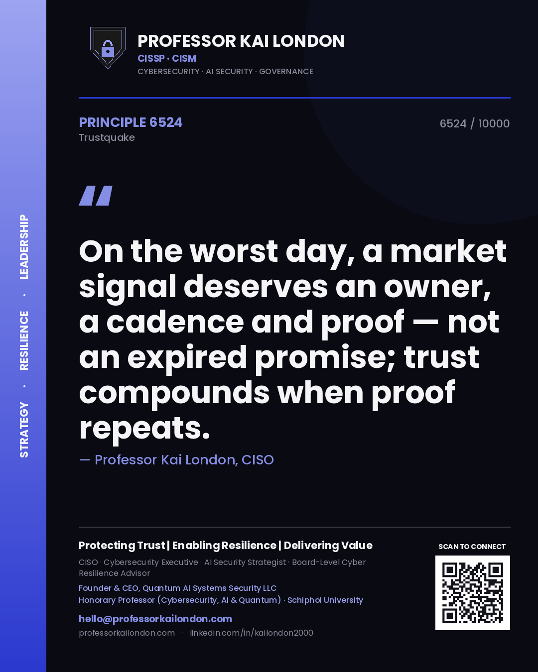 Quote card by Professor Kai London reading 'On the worst day, a market signal deserves an owner, a cadence and proof — not an expired promise; trust compounds when proof repeats.'. From the book Trustquake.