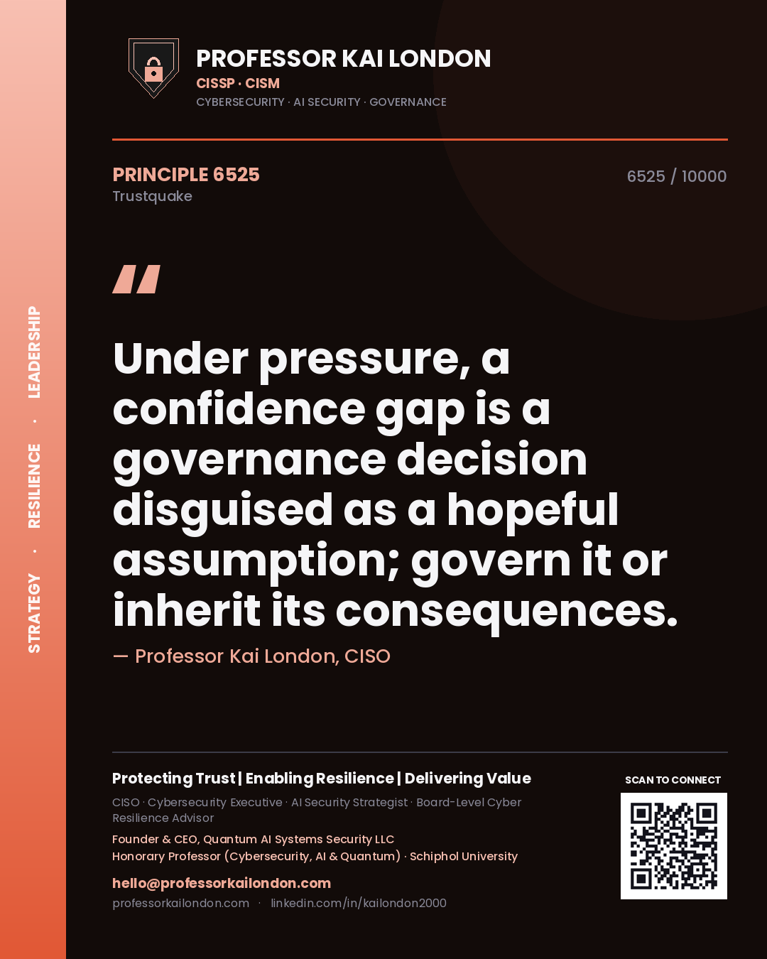 Quote card by Professor Kai London reading 'Under pressure, a confidence gap is a governance decision disguised as a hopeful assumption; govern it or inherit its consequences.'. From the book Trustquake.