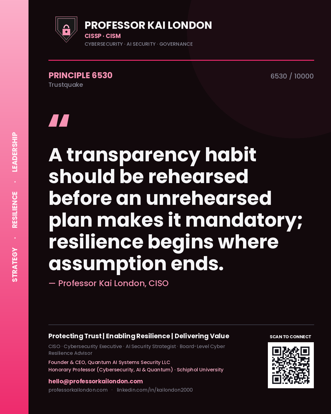 Quote card by Professor Kai London reading 'A transparency habit should be rehearsed before an unrehearsed plan makes it mandatory; resilience begins where assumption ends.'. From the book Trustquake.