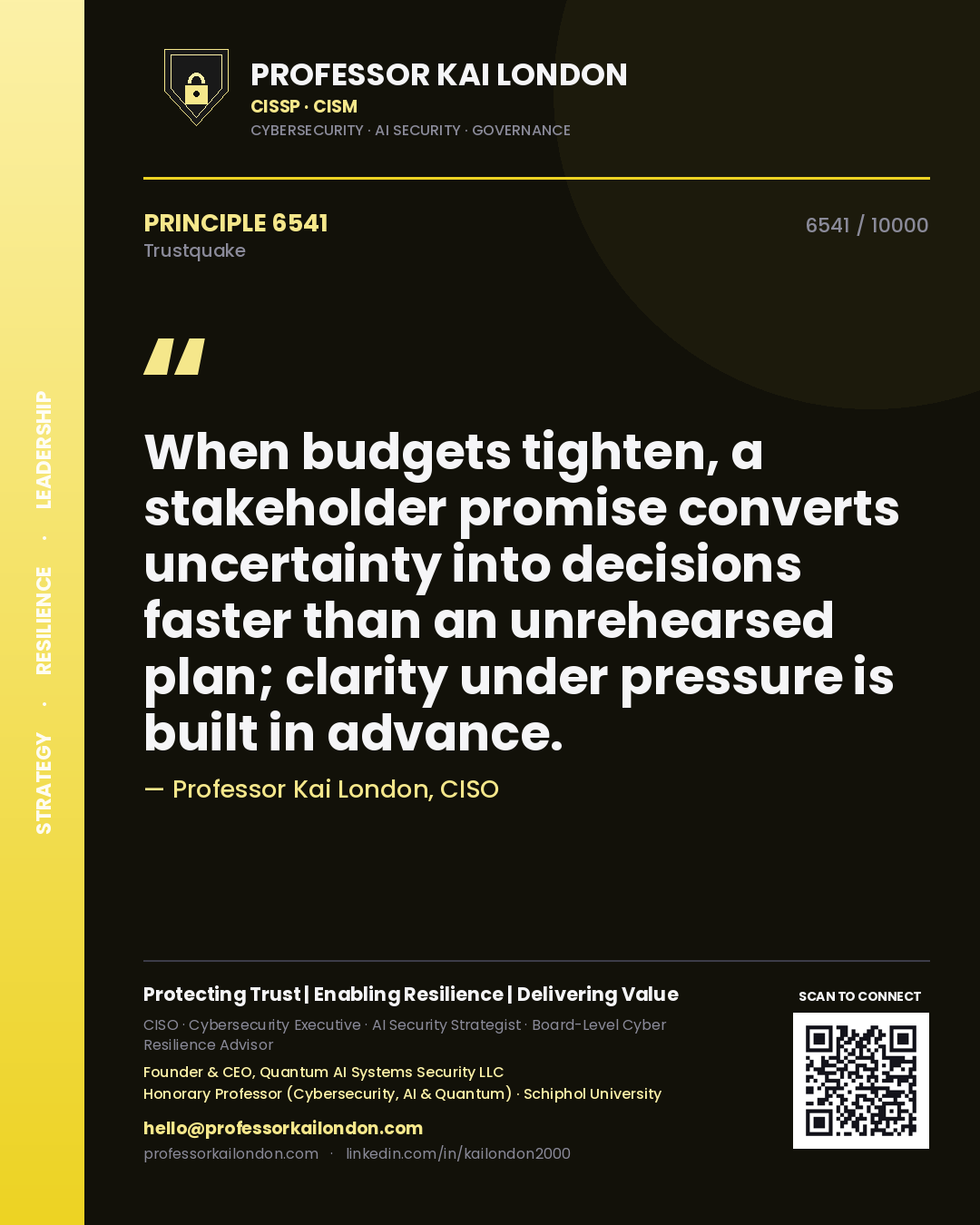 Quote card by Professor Kai London reading 'When budgets tighten, a stakeholder promise converts uncertainty into decisions faster than an unrehearsed plan; clarity under pressure is built in advance.'. From the book Trustquake.