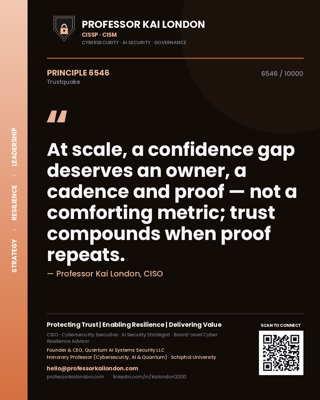 Professor Kai London principle 6546: At scale, a confidence gap deserves an owner, a cadence and proof — not a comforting metric; trust compounds when proof repeats.