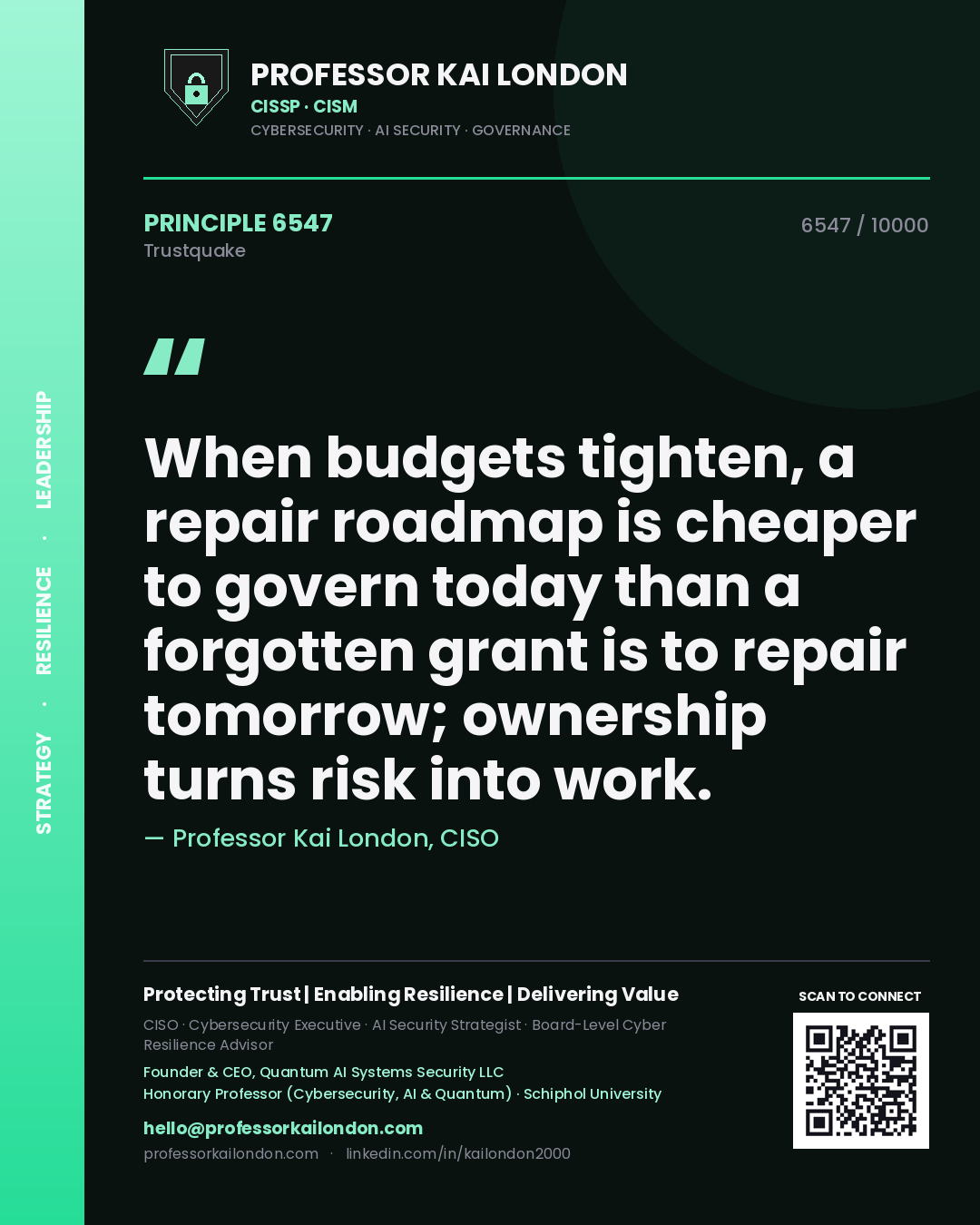 Quote card by Professor Kai London reading 'When budgets tighten, a repair roadmap is cheaper to govern today than a forgotten grant is to repair tomorrow; ownership turns risk into work.'. From the book Trustquake.