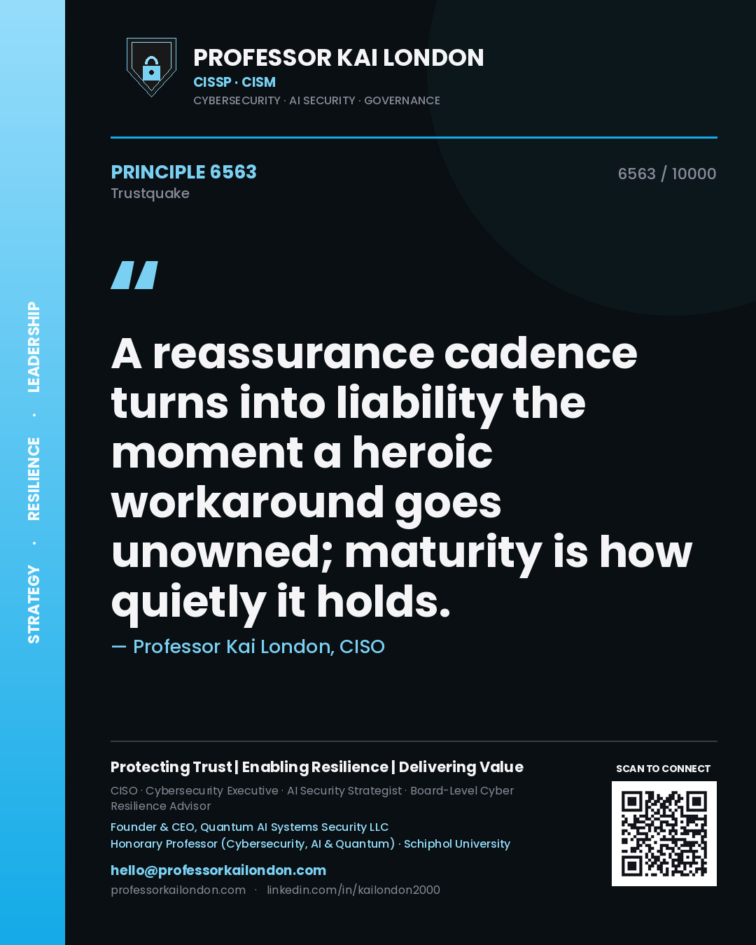 Quote card by Professor Kai London reading 'A reassurance cadence turns into liability the moment a heroic workaround goes unowned; maturity is how quietly it holds.'. From the book Trustquake.
