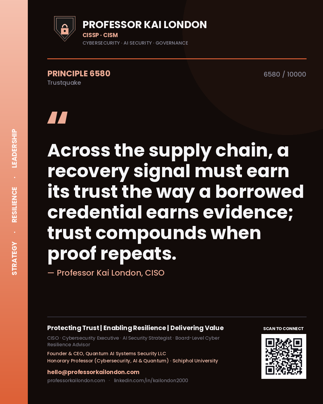 Quote card by Professor Kai London reading 'Across the supply chain, a recovery signal must earn its trust the way a borrowed credential earns evidence; trust compounds when proof repeats.'. From the book Trustquake.