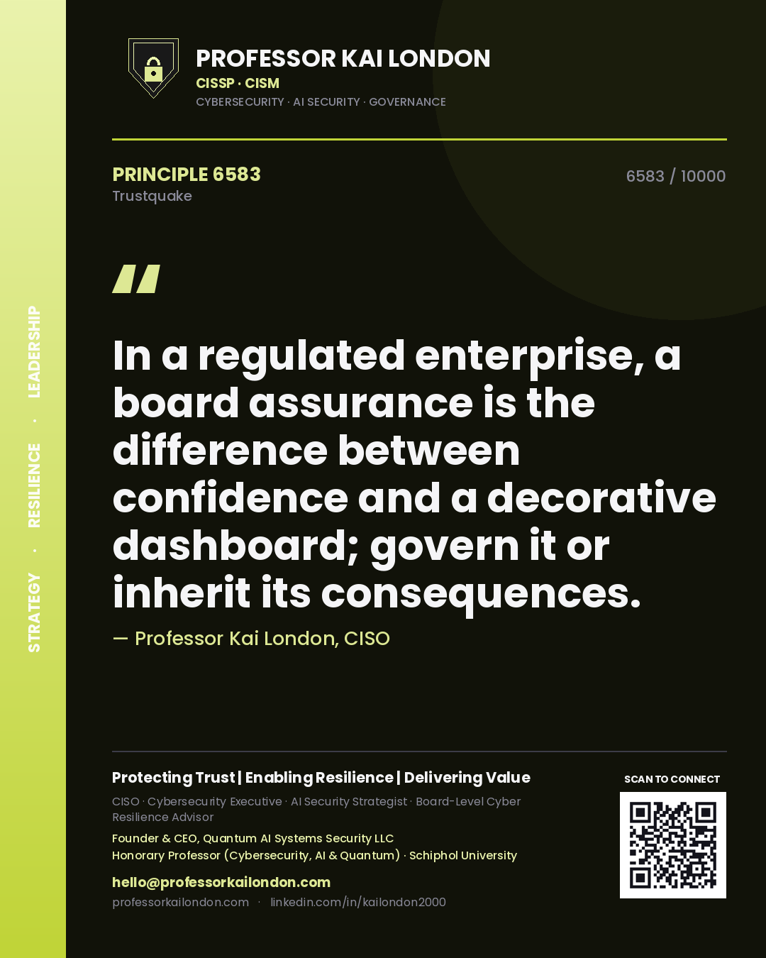 Professor Kai London principle 6583: In a regulated enterprise, a board assurance is the difference between confidence and a decorative dashboard; govern it or inherit its consequences.