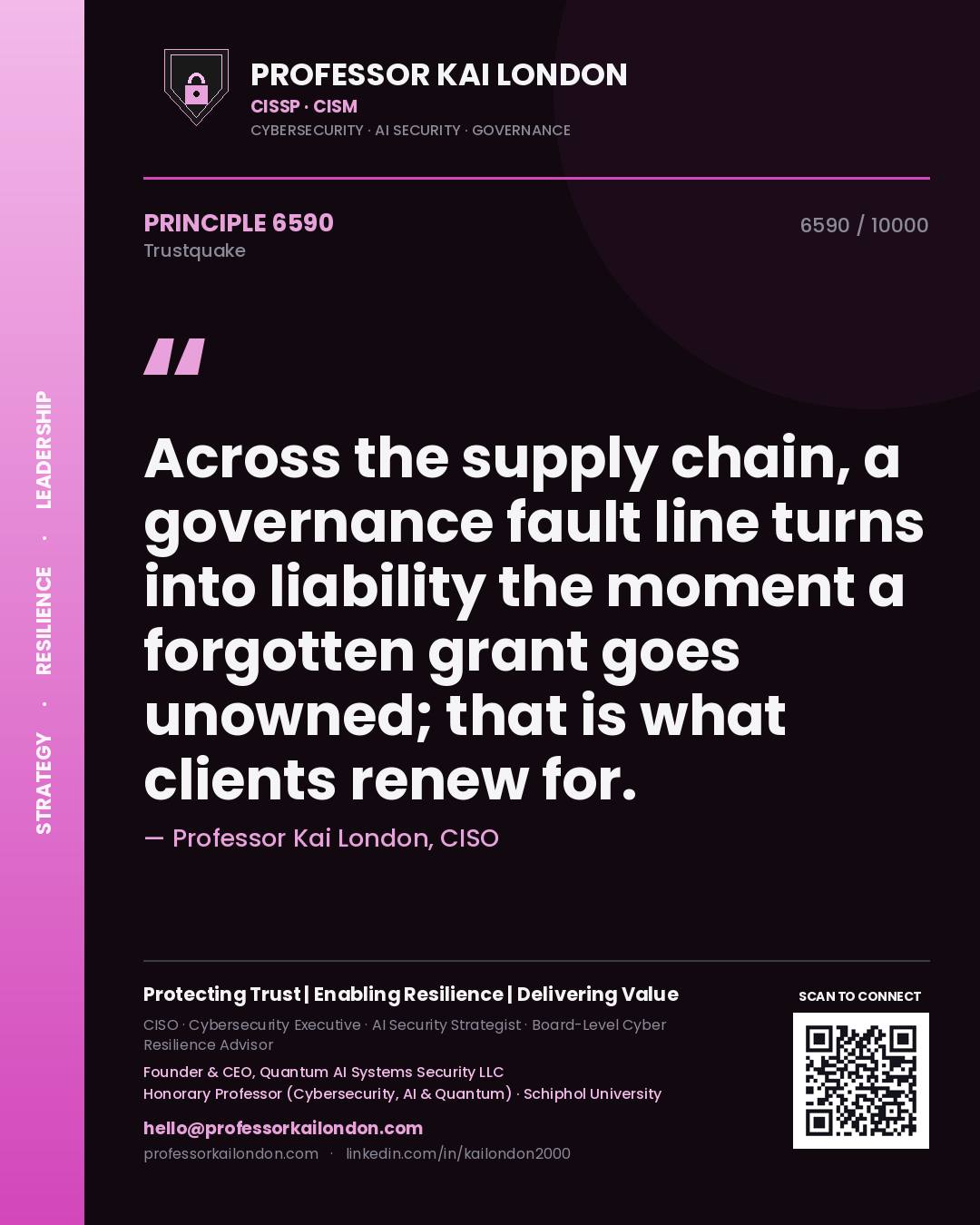 Quote card by Professor Kai London reading 'Across the supply chain, a governance fault line turns into liability the moment a forgotten grant goes unowned; that is what clients renew for.'. From the book Trustquake.