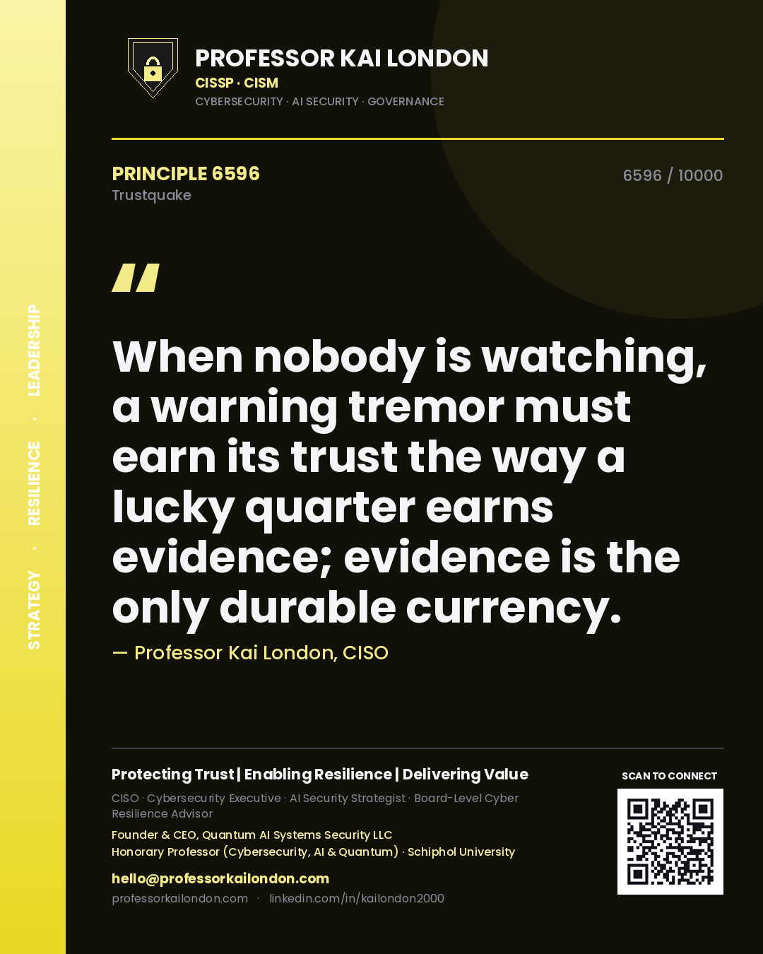 Quote card by Professor Kai London reading 'When nobody is watching, a warning tremor must earn its trust the way a lucky quarter earns evidence; evidence is the only durable currency.'. From the book Trustquake.