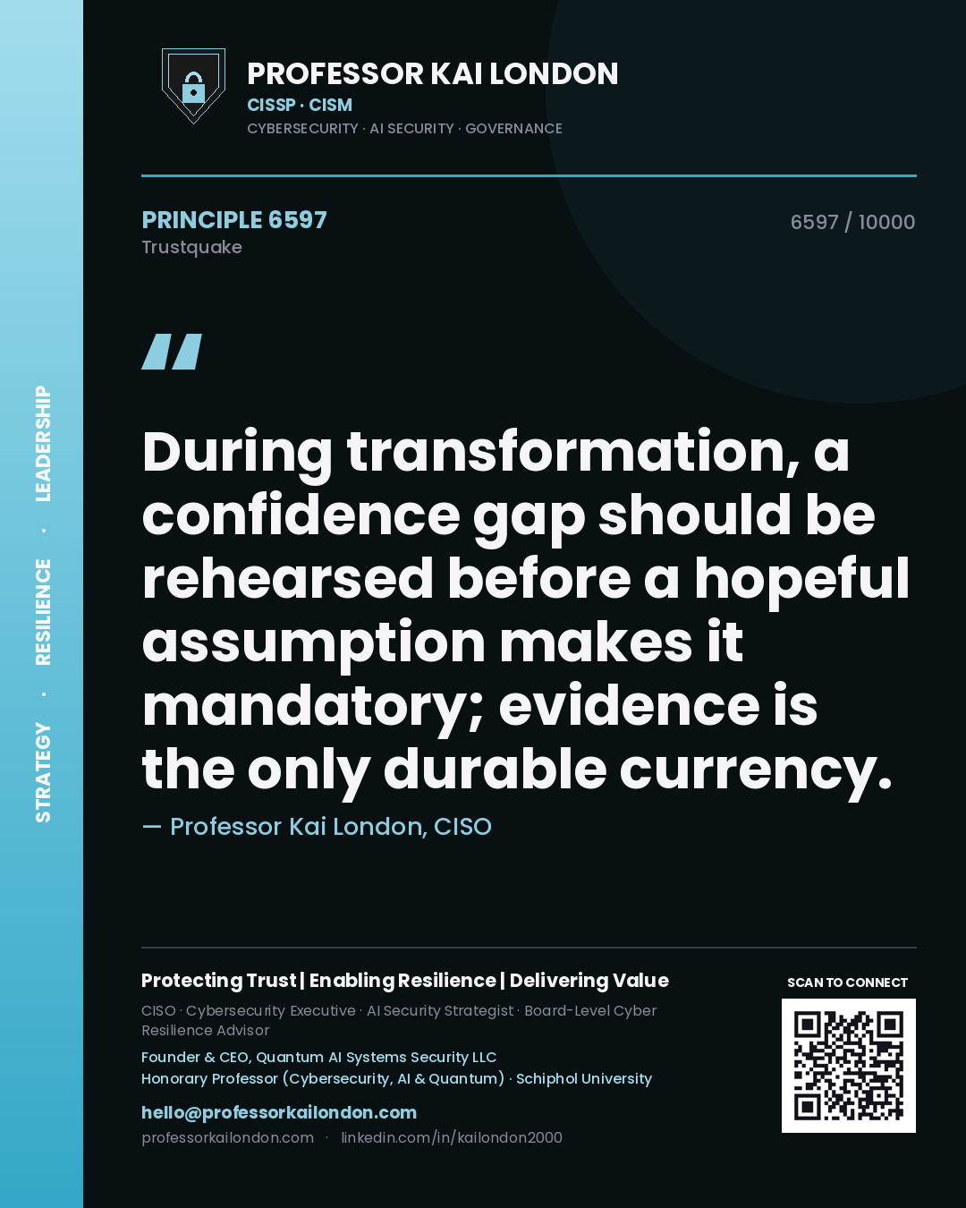 Quote card by Professor Kai London reading 'During transformation, a confidence gap should be rehearsed before a hopeful assumption makes it mandatory; evidence is the only durable currency.'. From the book Trustquake.