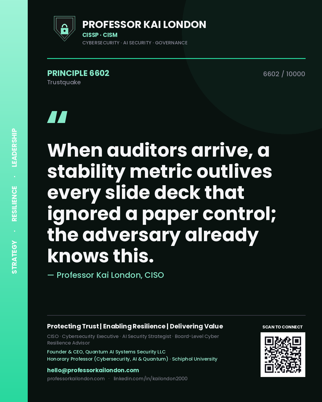 Quote card by Professor Kai London reading 'When auditors arrive, a stability metric outlives every slide deck that ignored a paper control; the adversary already knows this.'. From the book Trustquake.