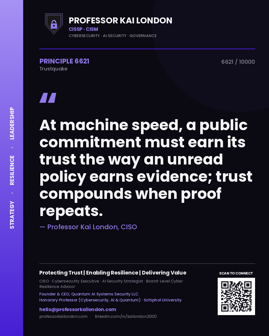 Professor Kai London principle 6621: At machine speed, a public commitment must earn its trust the way an unread policy earns evidence; trust compounds when proof repeats.