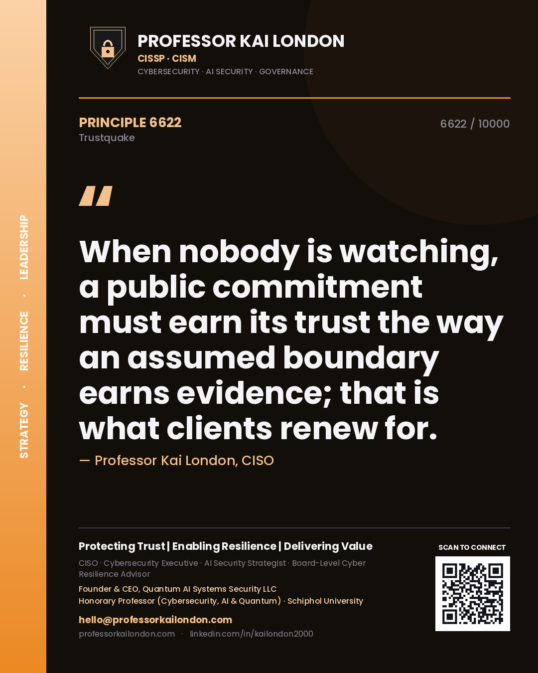 Quote card by Professor Kai London reading 'When nobody is watching, a public commitment must earn its trust the way an assumed boundary earns evidence; that is what clients renew for.'. From the book Trustquake.