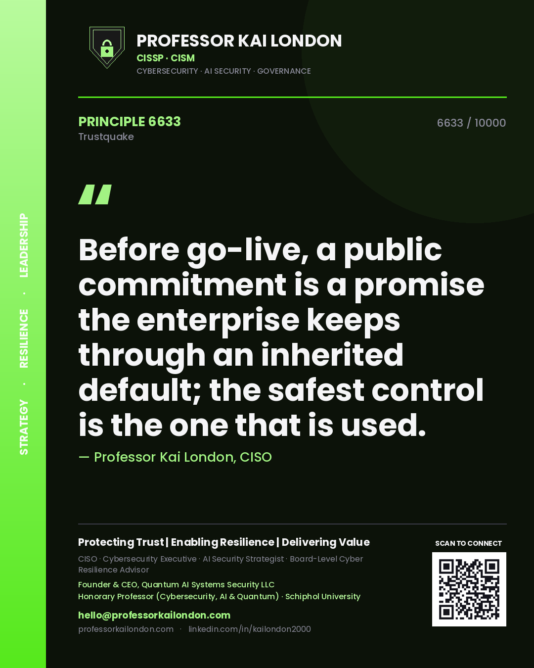 Quote card by Professor Kai London reading 'Before go-live, a public commitment is a promise the enterprise keeps through an inherited default; the safest control is the one that is used.'. From the book Trustquake.
