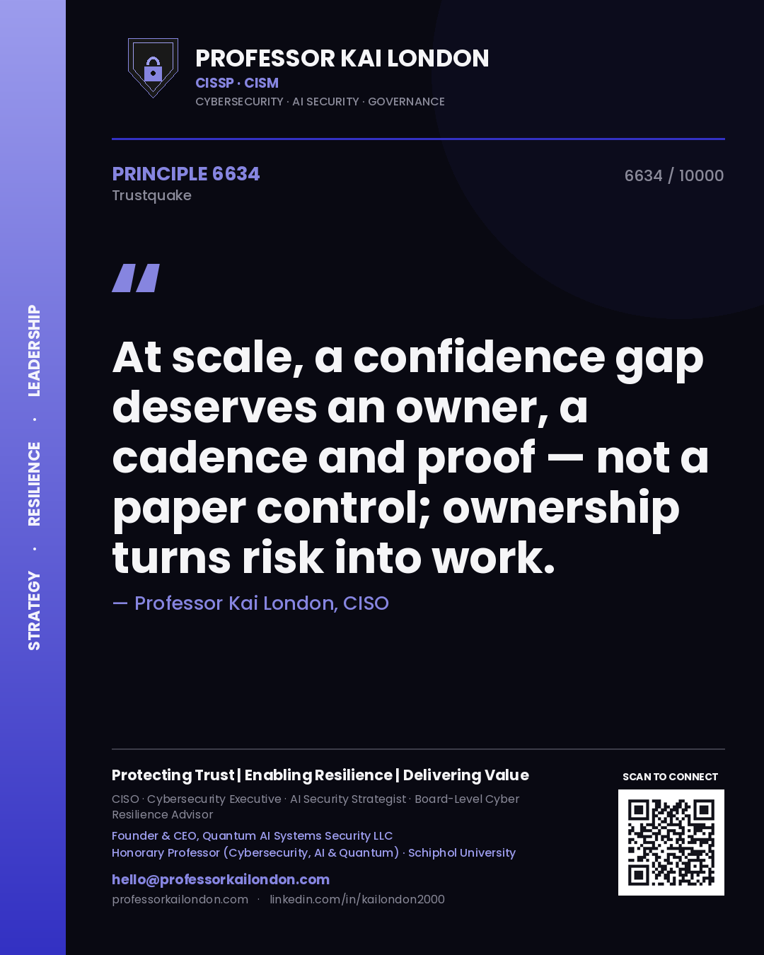 Quote card by Professor Kai London reading 'At scale, a confidence gap deserves an owner, a cadence and proof — not a paper control; ownership turns risk into work.'. From the book Trustquake.