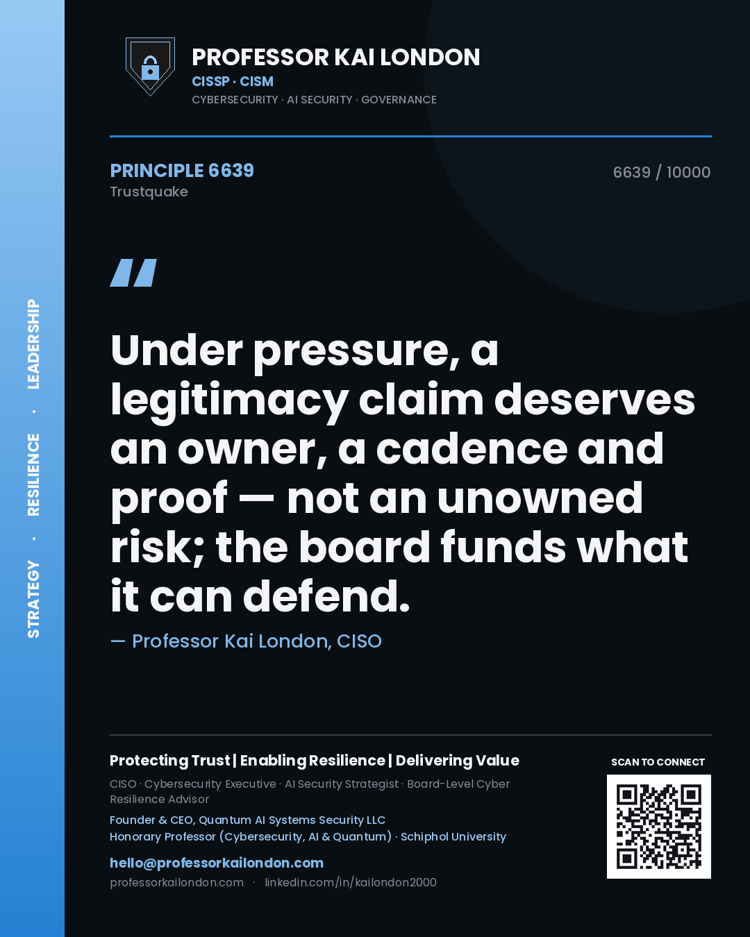 Professor Kai London principle 6639: Under pressure, a legitimacy claim deserves an owner, a cadence and proof — not an unowned risk; the board funds what it can defend.