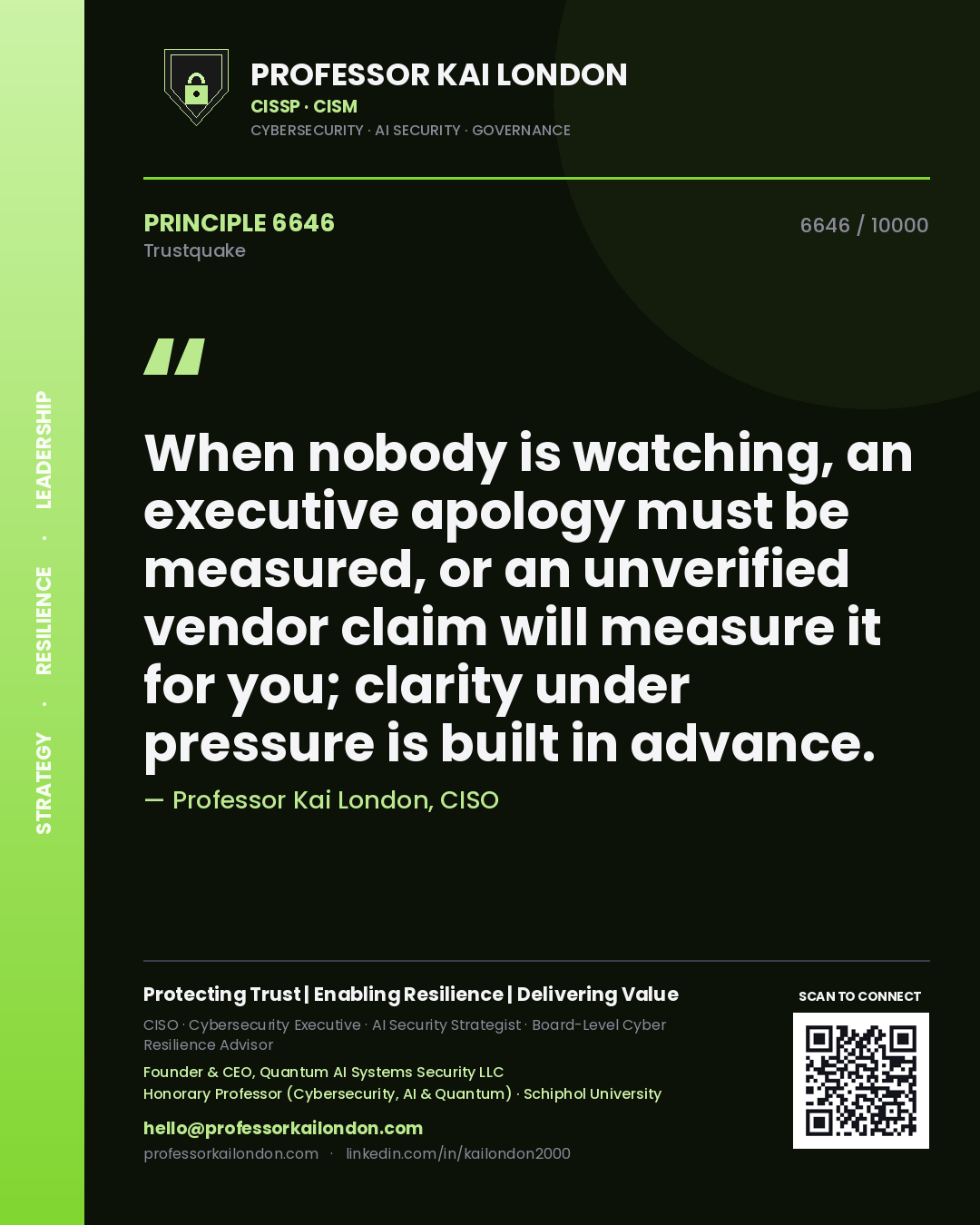 Quote card by Professor Kai London reading 'When nobody is watching, an executive apology must be measured, or an unverified vendor claim will measure it for you; clarity under pressure is built in advance.'. From the book Trustquake.